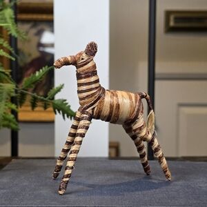 Vintage Straw Wrapped Zebra Figurine 4" Tall African Banana Fiber Folk Art